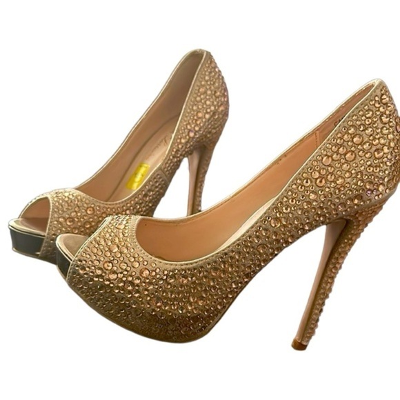 Lauren Lorraine Rose Gold Platform Studded Stilettos Women’s Peep Toe Size 7.5 - Picture 1 of 4